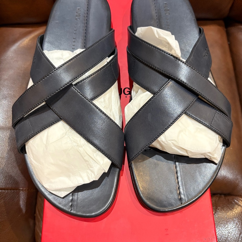 Hugo Boss Men’s Crisscross Straps Leather Flat Scandals Size11